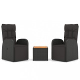 Set sezlonguri gradina, 3 piese, negru, poliratan&amp;lemn acacia