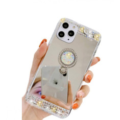 Husa silicon oglinda , inel si pietricele Iphone 12 Pro Max , Argintiu