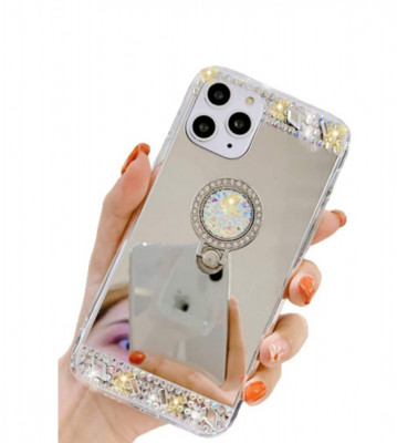 Husa silicon oglinda , inel si pietricele Iphone 12 Pro , Argintiu foto