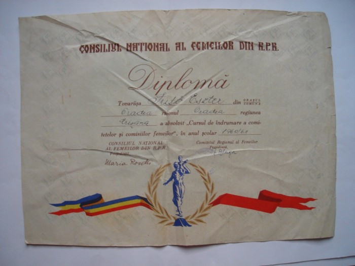 Diploma Consiliul National al Femeilor din RPR 1960/1961