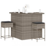 VidaXL Set mobilier bar de grădină, cu perne, 3 piese, gri, poliratan