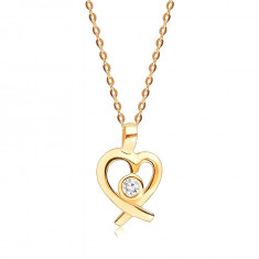 Colier din aur galben 375 – diamant strălucitor rotund, contur în formă de inimă, lanț subțire
