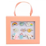 Set Inele, Model Unicorn, 9 Bucăți, Multicolor, Cutie Roz Pudra pentru Copii, Oem