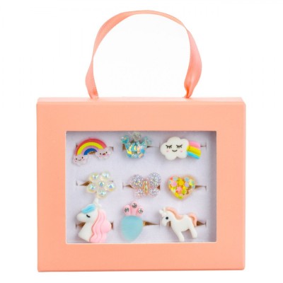 Set Inele, Model Unicorn, 9 Bucăți, Multicolor, Cutie Roz Pudra pentru Copii foto