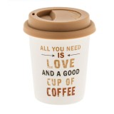 Cana ceramica de voiaj Pufo Love Coffee pentru cafea cu capac din silicon, 280 ml, alb