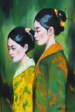 Pictura noua, tablou mare ulei, Japonia-DOUA JAPONEZE- pictor roman consacrat, Portrete, Realism