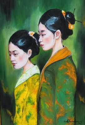 Pictura noua, tablou mare ulei, Japonia-DOUA JAPONEZE- pictor roman consacrat foto