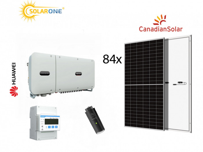 Kit sistem fotovoltaic 50kW, invertor trifazat Huawei si 84 panouri Fotovoltaice Canadian Solar 600W