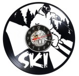 Ceas Perete Disc Vinil Model Ski Schior Pădure Brazi Cadran Skeleton Negru 30cm