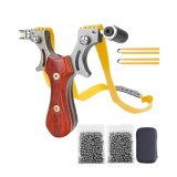 Cumpara ieftin Set prastie metalica cu laser si 200 bile metalice 6 mm, 12 cm, boloboc, maner lemn, maro, husa inclusa