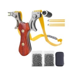 Set prastie metalica cu laser si 200 bile metalice 10 mm, 12 cm, boloboc, maner lemn, maro, husa inclusa