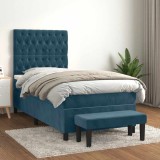 vidaXL Pat box spring cu saltea, albastru &icirc;nchis, 90x200 cm, catifea 3138005