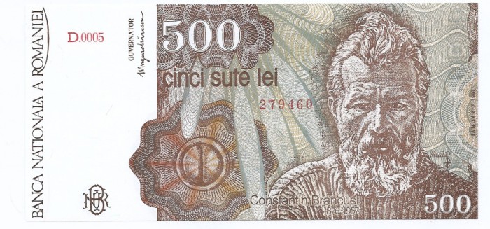 Romania 500 lei 1991 Ianuarie - Constantin Brancusi (279460) P-98a- UNC !!!