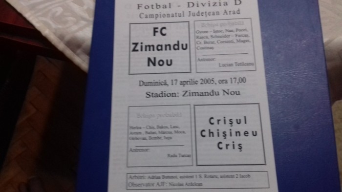 program FC Zimandu Nou - Crisul Chis. Cris