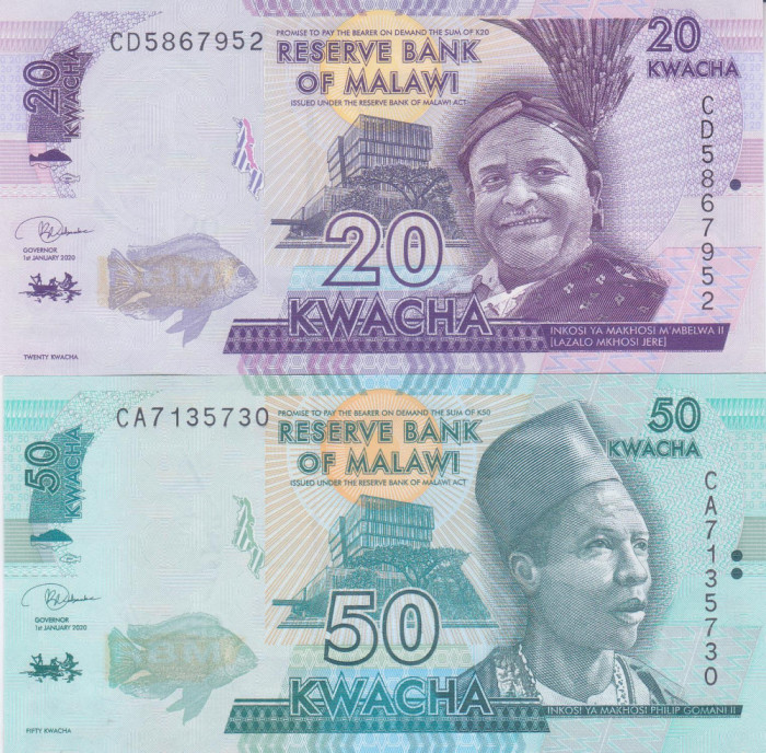 Bancnota Malawi 20 si 50 Kwacha 2020 - P63/63 UNC ( set x2 )