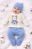 Costumas bebelusi 3 piese crem-albastru, bumbac premium, model ursulet (Marime