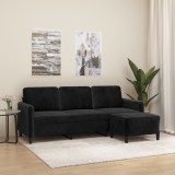 VidaXL Canapea cu 3 locuri și taburet, negru, 180 cm, catifea 3201179