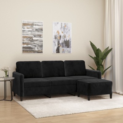 vidaXL Canapea cu 3 locuri și taburet, negru, 180 cm, catifea 3201179 foto