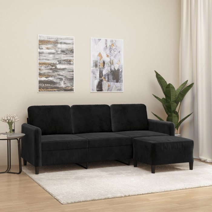 vidaXL Canapea cu 3 locuri și taburet, negru, 180 cm, catifea 3201179