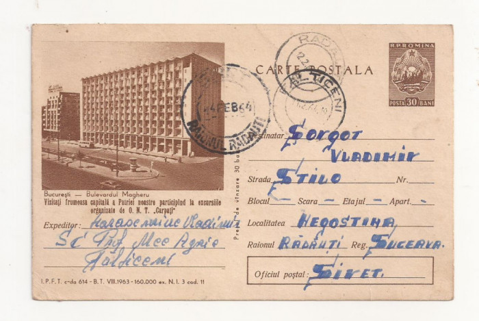 RF26 -Carte Postala- Bucuresti, Bd Magheru, Excursii ONT Carpati, circulata 1964