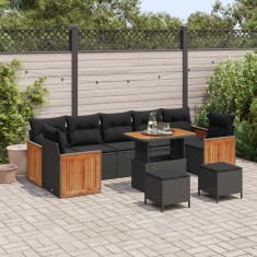 Set de sofe de gradina Gossi cu perne negru ratan poli acacia, set de dining de gradina Gossi cu 3 piese cu perne negru ratan poli acacia