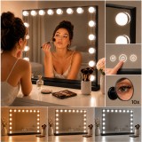 Oglindă de machiaj LED Hollywood, metalică, 80x62cm, cu 3 culori de lumină LED, USB, Neagră
