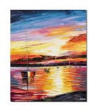 Cumpara ieftin Tablou pictat manual, Apus de soare cu veliere, 60x50cm ulei pe panza in cutit, efect 3D, Spectaculos