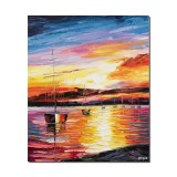 Tablou pictat manual, Apus de soare cu veliere, 60x50cm ulei pe panza in cutit, efect 3D, Spectaculos