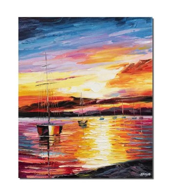 Tablou pictat manual, Apus de soare cu veliere, 60x50cm ulei pe panza in cutit, efect 3D, Spectaculos foto
