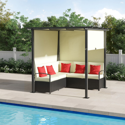 Outsunny Mobilier de Terasa Impletit, Set de Canapele de exterior din Ratan PE cu Pergola copertina plianta, Copertina pentru punte, piscina, gradina, foto