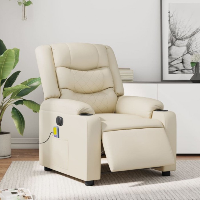vidaXL Fotoliu electric de masaj rabatabil, crem, piele ecologică