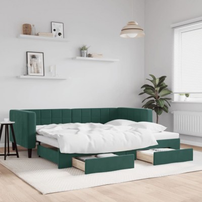 vidaXL Pat de zi cu extensie și sertare verde &amp;icirc;nchis 90x200 cm catifea 3196741 foto