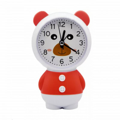 Ceas de masa desteptator pentru copii Pufo, model Ursuletul Zambarici, 16 cm, alb/rosu foto