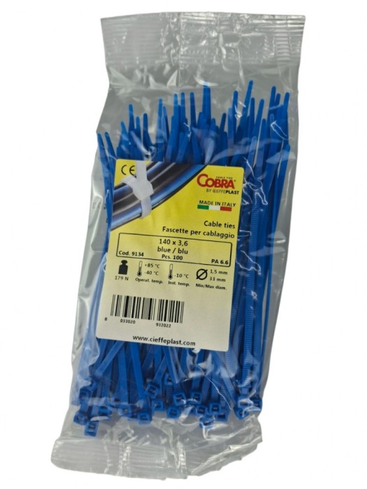 Set 100 buc colier cablu 140x3.6mm din plastic albastru Cobra 9134