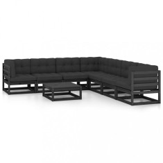 vidaXL Set mobilier grădină cu perne, 8 piese, negru, lemn masiv pin 3076883