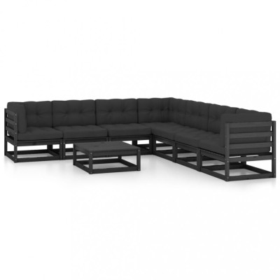 vidaXL Set mobilier grădină cu perne, 8 piese, negru, lemn masiv pin 3076883 foto