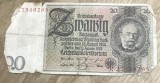 BNKSTR02DE Bancnotă Germania 20 Reichsmark 22 Ianuarie 1929, Serie Roșie, Stare VG (Uzată, Colțuri și Margini Rupte/Lipsă)