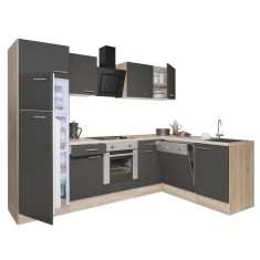 Mobilă de bucătărie de colț Yorki 280, corp din stejar sonoma, față antracit satinat, element cuptor inferior, frigider congelator superior