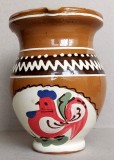 Ulcea de lut smaltuit, pictata cu brau si motiv cocos, ceramica populara traditionala, vechime 40 ani