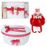 Set trusou botez, cutie trusou si lumanare, dantela si Ursuleti, decor Rosu,