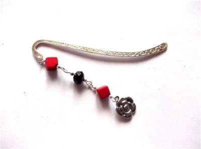 Semn de carte howlite rosu, cristal negru si floare, semn de carte 40573 foto