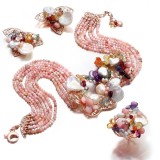 Cumpara ieftin Set Bijuterii Rainbow Opal, Cuarț, Perle Cultură, Argint 925 Placat Aur Roz, Colier, Inel, Cercei, Multicolor, Handmade Italia