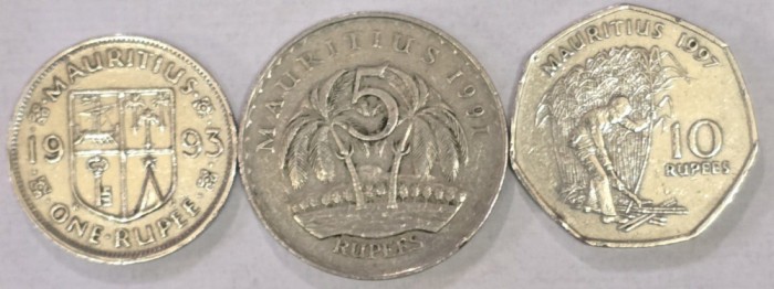 MAURITIUS Set / Lot 10 , 3 Monede : 1 Rupee 1993 + 5 Rupees 1991 + 10 Rupees 1997