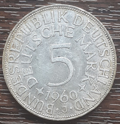 (A845) MONEDA DIN ARGINT GERMANIA - 5 MARK 1960, LIT J, 11,2 GRAME. PURITATE 625 foto