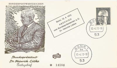 RFG, preşedintele republicii federale, Heinrich Lubke, FDC, 1972 foto