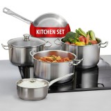 Set vase inox MagicHome Chloe 9 piese cu tigaie 24 cm si capace sticla