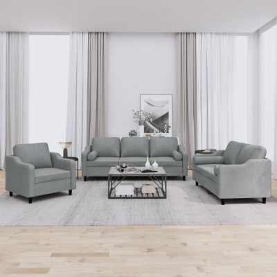 vidaXL Set de canapele cu perne, 3 piese, gri deschis, textil foto