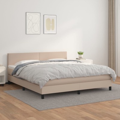 vidaXL Pat box spring cu saltea, cappuccino, 160x200cm piele ecologică foto