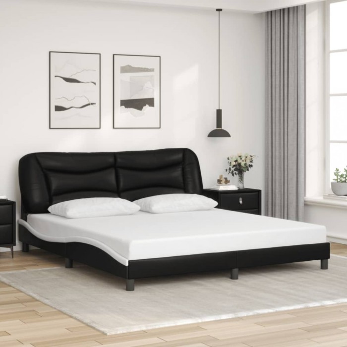 Cadru de pat cu tăblie negru și alb 180x200cm piele artificială