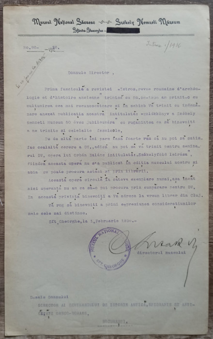 Scrisoare catre Scarlat Lambrino, Muzeul National Secuiesc Sfantu Gheorghe 1936